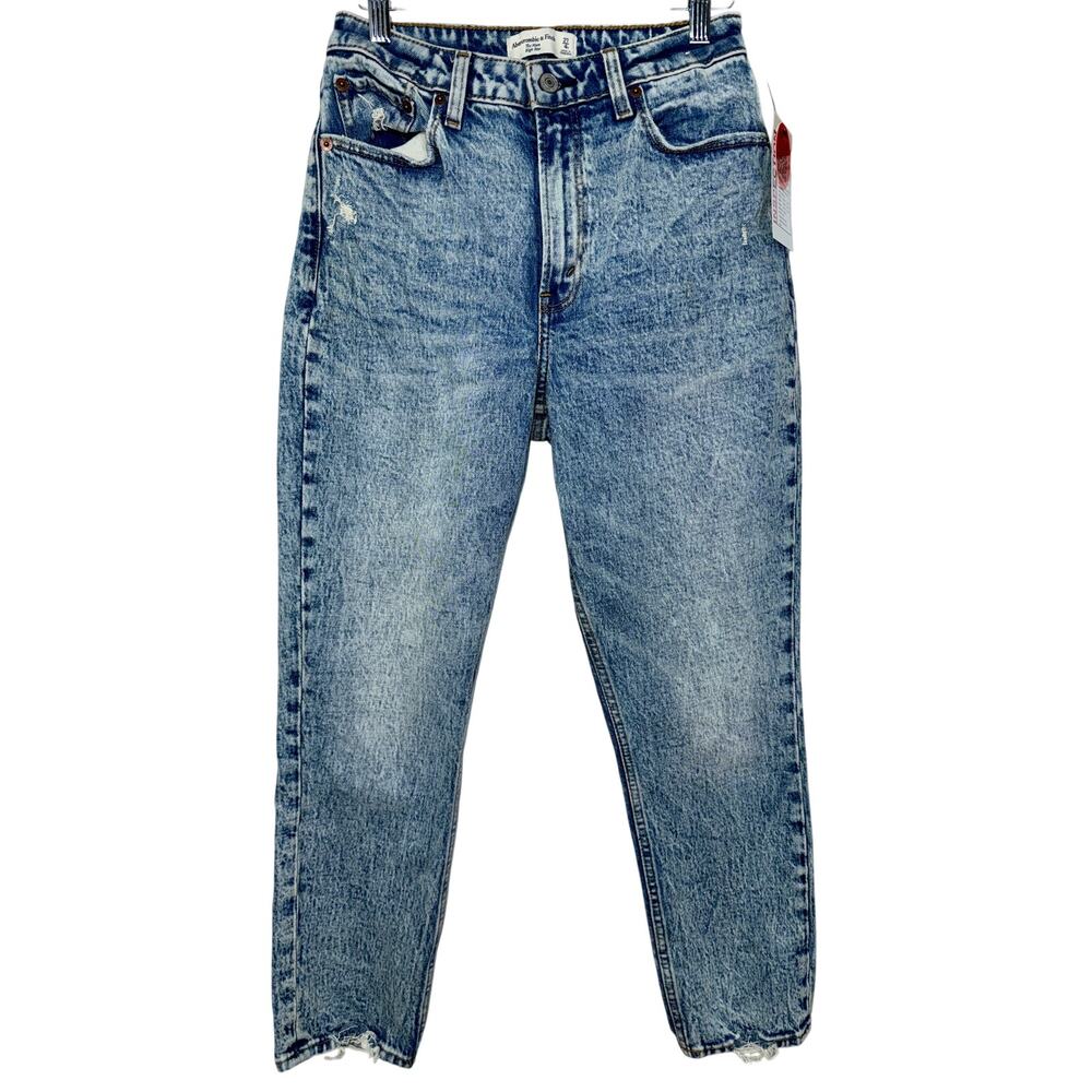 Abercrombie & Fitch Curve Love Mom High Rise Blue Denim Distressed Jeans Sz 27 4